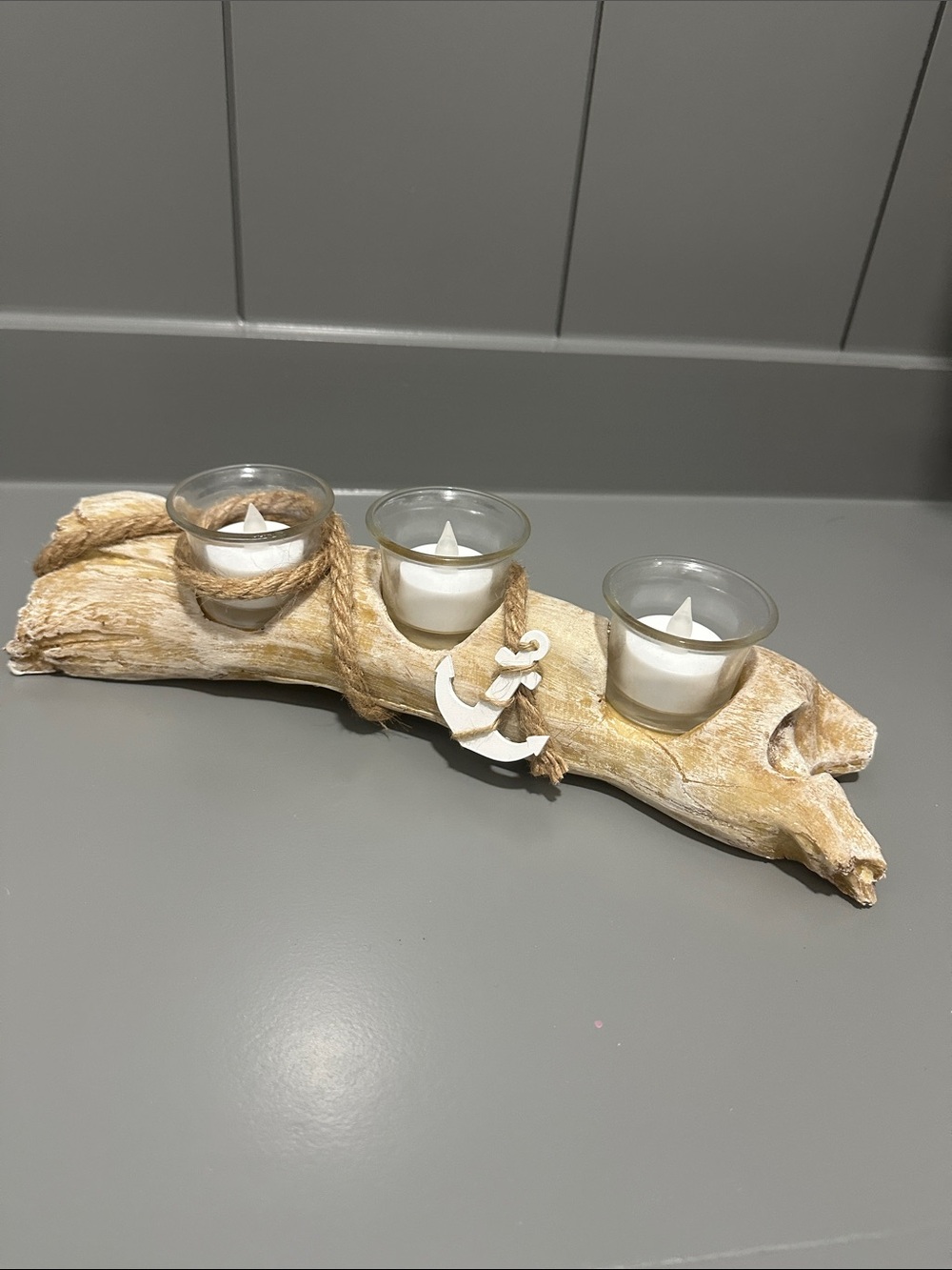Driftwood 3-Votive Candle Holder with White Anchor Accent